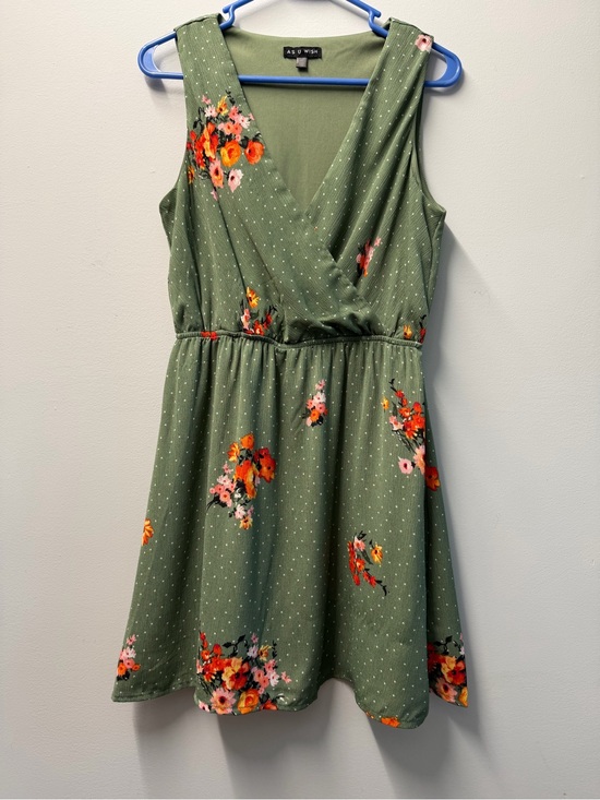 As U Wish Dresses & Skirts - Olive Green Bright Floral Front Wrap Dress With White Polka Dots Size Medium